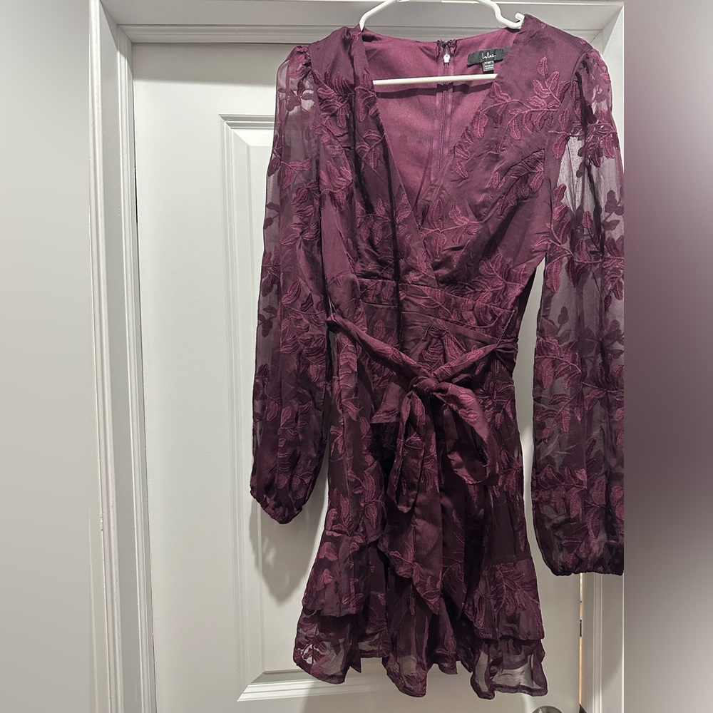 Lulu's Plum Embroidered Long-Sleeve Wrap Dress